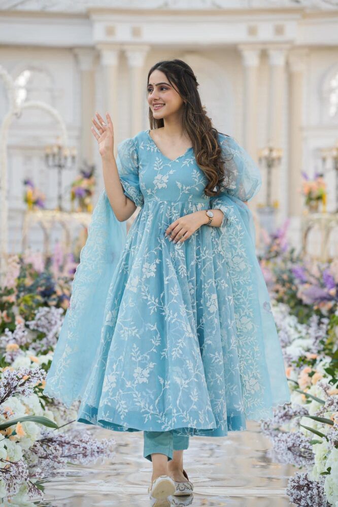 Attractive Silk Sky Blue Color Patola Printed Gown With Dupatta